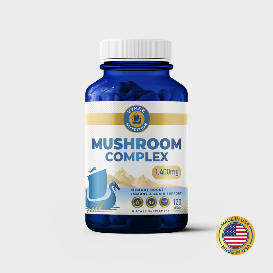 Vykee Mushroom Complex Capsules bottle, navy with a gold label band