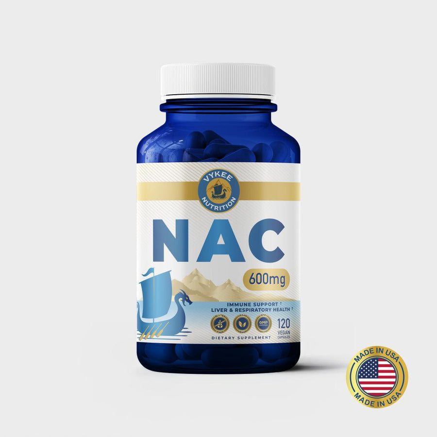 Vykee NAC Capsules bottle, navy with a gold label band