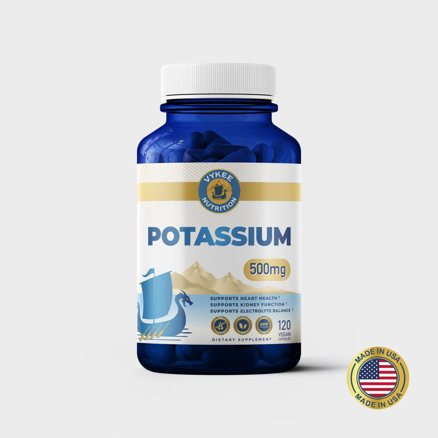 Vykee Potassium Capsules bottle, navy with a gold label band