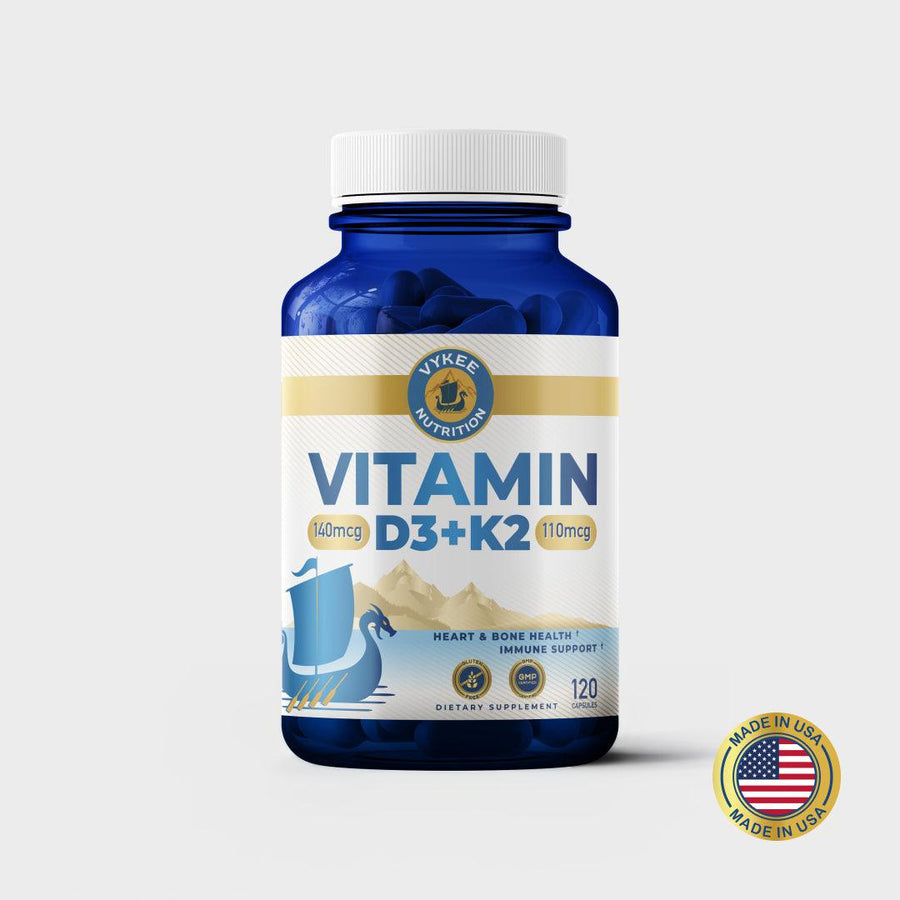 Vykee Vitamin D3 + K2 Capsules bottle, navy with a gold label band